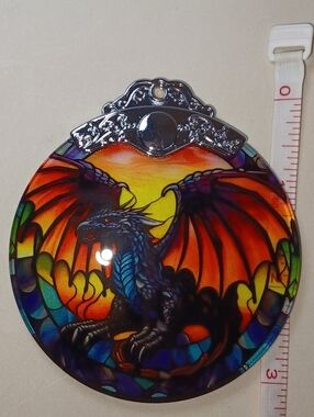 Vibrant Orange & Blue Dragon Glass Art Hanging. Sun Catcher/Christmas Ornament